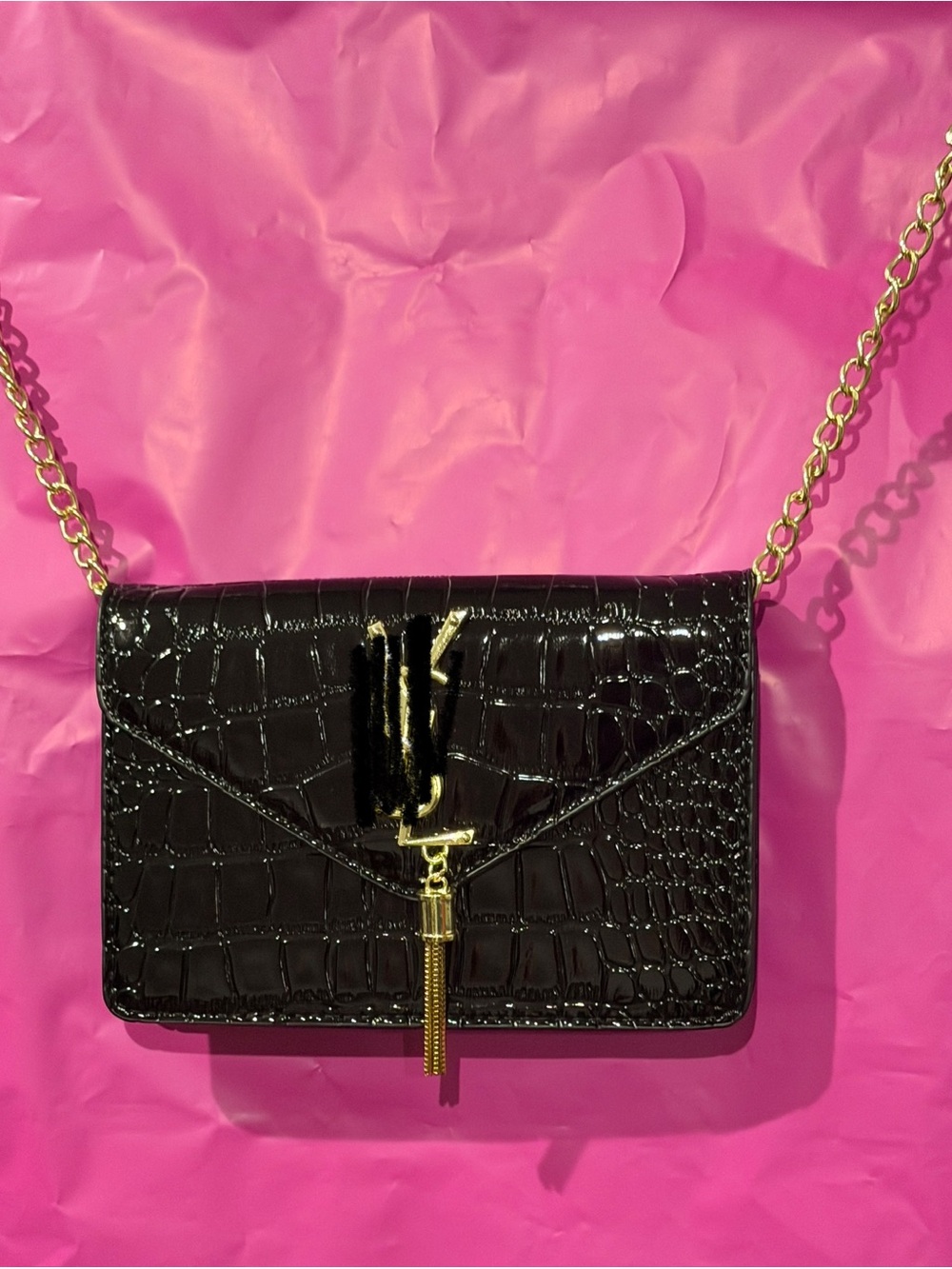 Black Croc-Embossed Chain Crossbody Bag with Gold Hardware